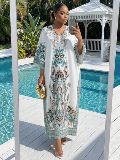 SHEIN Lady CURVE Vestido casual de vacaciones con estampado de paisley para tallas grandes