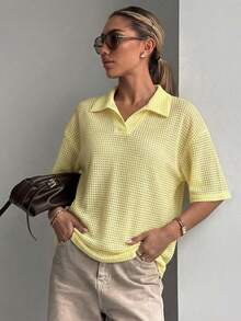 Livesso Women's Summer Solid Basic Polo Collar Loose Textured Short Sleeve T-Shirt - Yellow - View 9