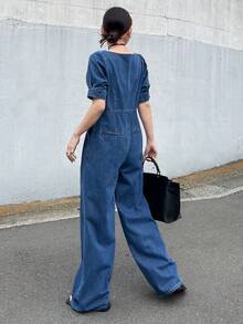 Bộ áo liền quần denim nữ kiểu dáng thường ngày, thích hợp cho mùa xuân/hè. - Màu xanh lam - Xem 2