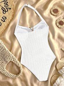 SHEIN 少女露背金属海星装饰蓝色纹理针织连体泳衣 - 白色 - 查看 2