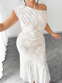 Elenzga Plus Size Women's Elegant French Lace Asymmetrical Shoulder Fishtail Dress, Suitable For Birthday Party, Date, Summer - White - View 7