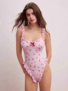 Elorette Ruffled Strap Romper With Cute Cherry Print For Women - Pink - View 5
