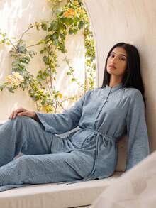 Women's Stand Collar Long Sleeve Top And Wide Leg Pants Casual 2 Pieces Set - Blue - View 2