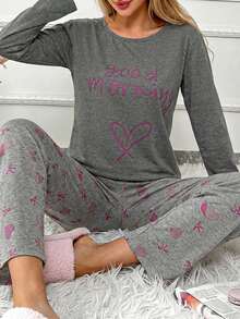 WovenCharm 100% Cotton 2Pcs  Contrast Colour Heart Printed PJ Set - Dark Grey - View 4