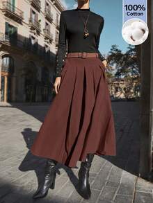 Maija Falda acampanada grande de color rojo madera naranja rojo con intrincado trabajo de plisado, bolsillos laterales, cinturón de piel sintética y metal desmontable, vestido de verano versátil Y2K para oficina, eventos sociales y ocasiones formales - Color caoba - Ver 11