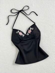 Elamini Áo tank top cổ chữ V hở lưng, chất liệu satin đen jacquard thêu hoa, thích hợp cho nữ mùa hè, ngọt ngào, dễ thương, lãng mạn, cổ điển, phù hợp mặc đi biển, hẹn hò hàng ngày. - màu đen - Xem 6