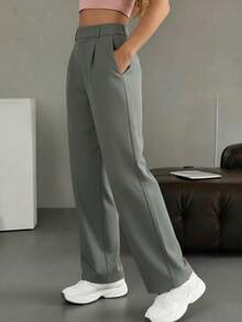 Pantalones Formales de Mujer en Verde Grisáceo Diseño Minimalista, Perfecto para Primavera y Verano - Verde - Ver 4