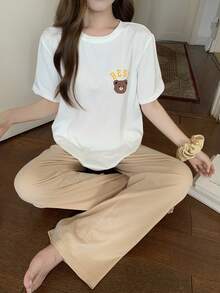 DAZY 女士可爱字母和小熊印花T恤和裤子睡衣套装，夏季 - 白色 - 查看 6