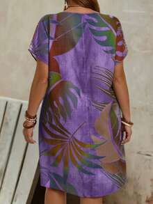 EMERY ROSE Plus Size Women's Purple Summer Boho Beach Holiday Dress,V-Neck Loose Printed Kaftans With Double Pocket,Fashionable Bohemian Spring Vacation Outfits - Purple - View 2