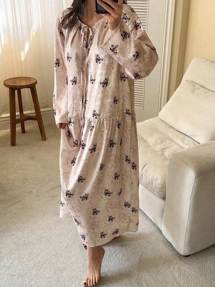 Charming Tie-Neck Floral Print Satin Loose Long Nightgown For Women