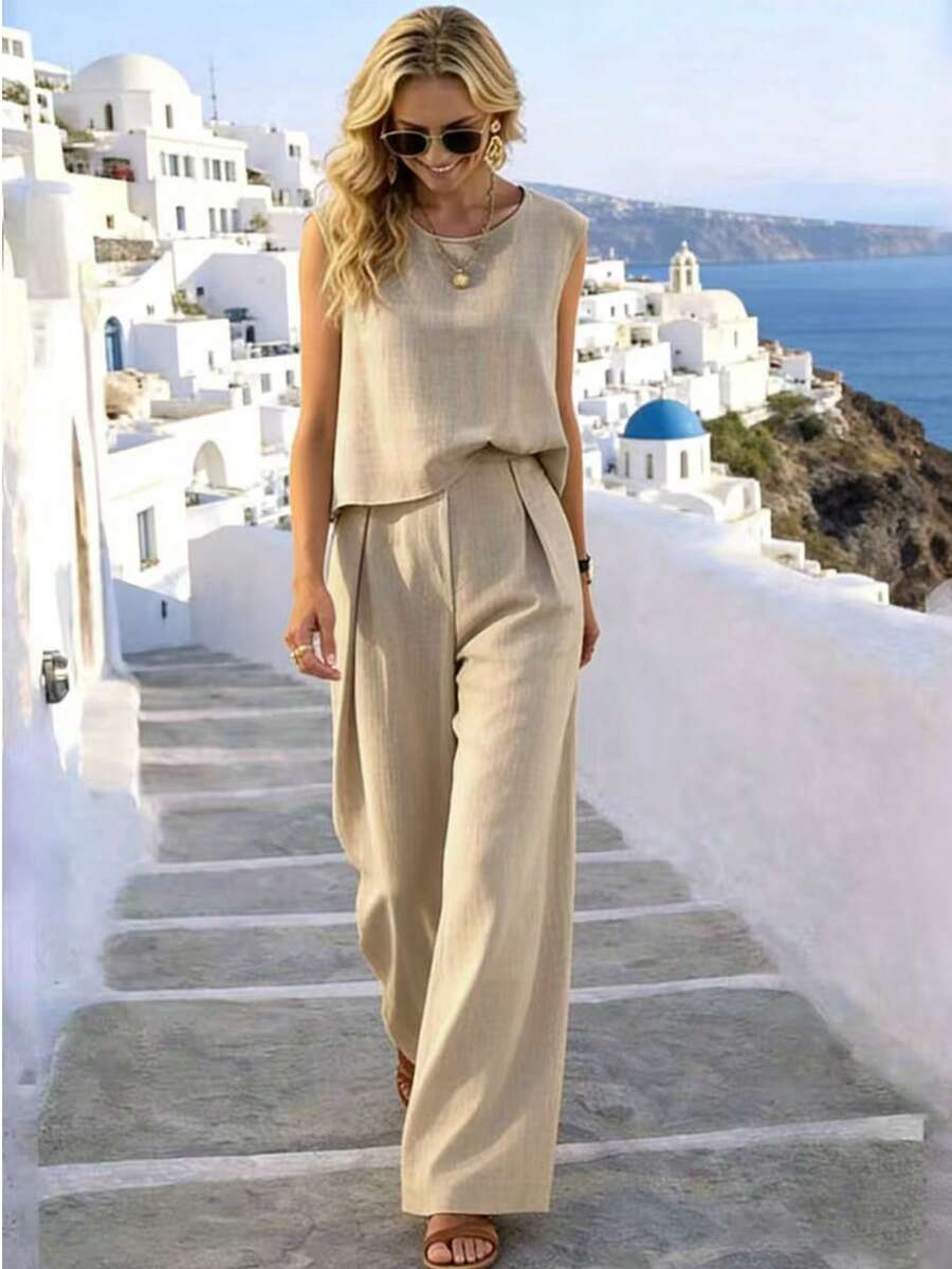 Selamara Damen-Set: Einfarbiges Tanktop mit Rundhalsausschnitt und Faltenhose, lässig, 2 Stücke - Khaki - Übersicht 1