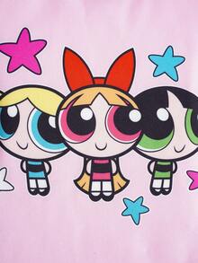 THE POWERPUFF GIRLS X SHEIN Cartoon Print Top & Star Print Shorts Snug Fit Pajamas For Young Girls - Pink - View 6