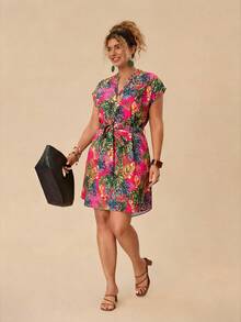 Travachic Plus Size Batwing Sleeve Tie Waist Shirt Dress - Multicolor - View 1