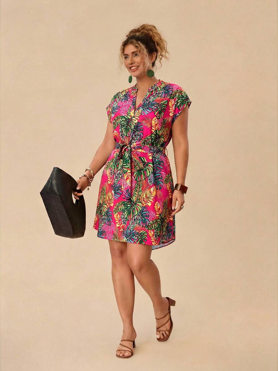 Travachic Plus Size Batwing Sleeve Tie Waist Shirt Dress - Multicolor - View 1
