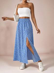 SHEIN VCAY Plus Size Women's Spring/Summer Beach Vacation Ditsy Floral Elastic Waist High Slit Hem Skirt - Blue - View 4