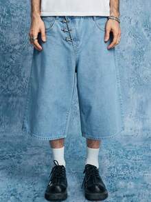 ROMWE MEN Street Life Men's Denim Oblique Placket Snap Button Shorts - Baby Blue - View 6