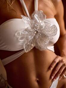 MOTF PREMIUM ELEGANT SEXY GLITTER BEAD FAUX 3D FLORAL DECOR HALTER HIGH SLIT ROMANTIC VACATION BIKINI SWIMWEAR SET BEACH WHITE SUMMER - White - View 2