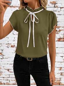SHEIN Clasi Figurbetonte Damen-Bluse mit Kontrastfarbe und kurzen Ärmeln, Olivgrün, elegant, smart casual, Büro, Sommeroutfit, Lehrerin, Country-Stil, Lehrertag - Armeegrün - Übersicht 4