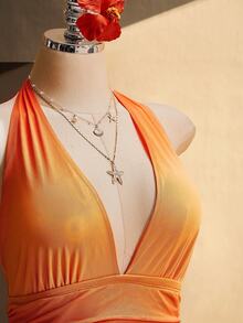 SHEIN ICON 大尺碼女款復古優雅深V領收腰不對稱下擺落日橘漸層修身掛脖洋裝，適合夏季海灘度假假期 - 橘色 - 查看 5