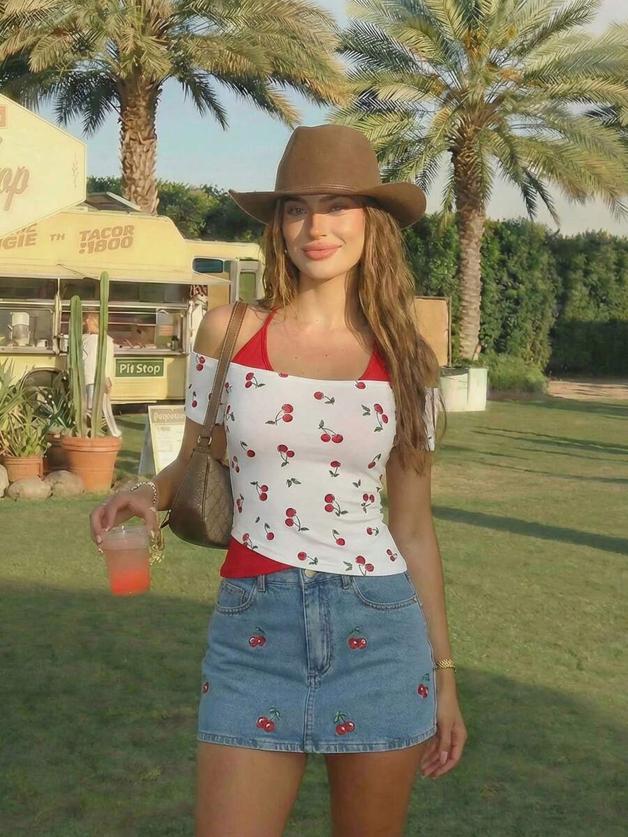 Skyraze Women's Red And White Cherry Print Halter Neck T-Shirt,Cute Summer Crop Top,Layered Design Casual Top For Vacation,Holiday - Red and White - View 1