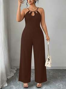 SHEIN Elenzya Bộ áo liền quần nữ cỡ lớn màu trơn, kiểu dáng thường ngày, có dây đeo eo. - màu nâu - Xem 5