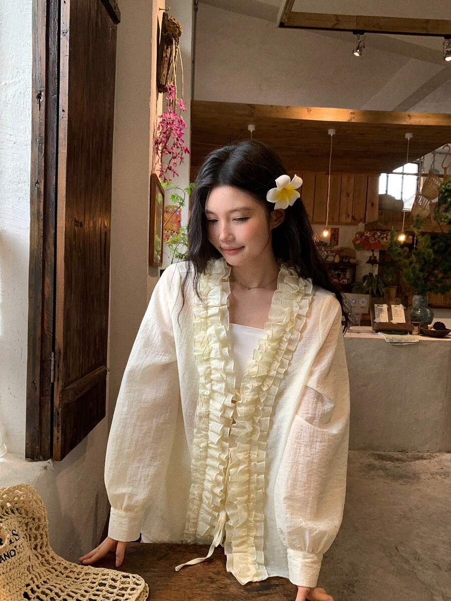 DAZY 女士清新长袖衬衫，春夏款 - 杏色 - 查看 1