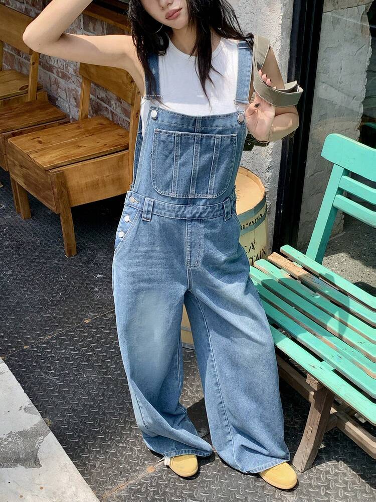 Women's Casual Pocket Loose Wide Leg Denim Overalls, Minimalist For Travel And Daily Wear