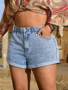 EMERY ROSE Casual Fashion Versatile Roll-Up Hem Non-Stretch Denim Shorts - Light Wash - View 5
