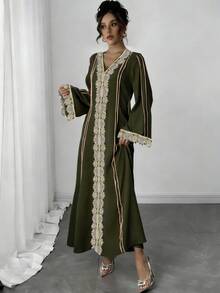 Rafferiza Bata holgada de mujer con cuello en V y volantes, manga larga, estilo abaya turca, kaftan árabe - Verde militar - Ver 3