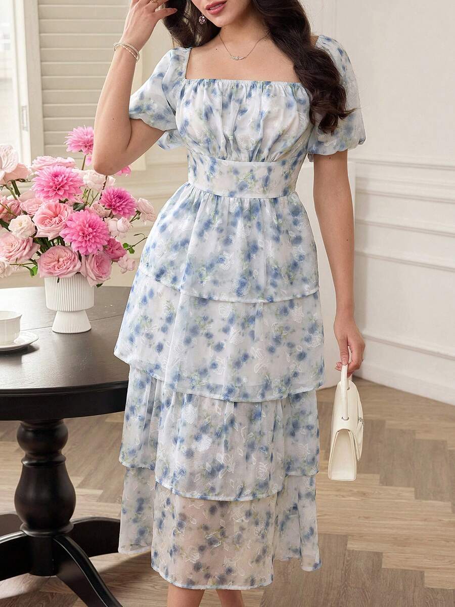 Modelyn 浅蓝色镂空扎染花朵花瓣袖优雅度假中长连衣裙 - 淺藍色 - 查看 1