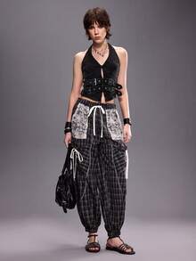 ROMWE Grunge Punk Top de cuello halter con hebilla de metal lavado vintage para festival de música - Negro - Ver 9