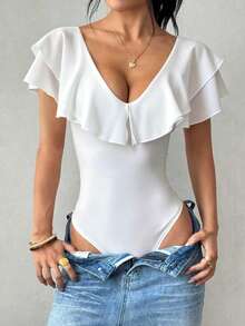 SHEIN Raffinéa Fashionable & Elegant Women's Casual Solid Color Chiffon Ruffle Trim Bodysuit, White Ruffle Trim Top For Summer - White - View 3