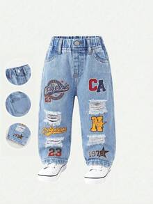 SHEIN Baby/Toddler Boys' Aqua Blue Summer Street Life Casual Graphic Street Fashion Y2k Distressed Letter Print Ripped Frayed Loose Fit Denim Baggy Jeans - Light Wash - View 6