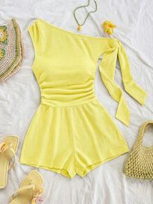 Soleia Sexy Asymmetric-Shoulder Tie Strap Flowy Jumpsuit In Light Yellow, Suitable For Party, Vacation, Music Festival, Boho, Holiday, Afternoon Tea Date - Pale Yellow - View 3