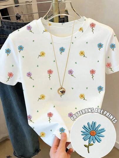 Teenage Girls' Casual Fresh Daisy Ditsy Floral Short Sleeve Round Neck T-Shirt White Tops, Suitable For Summer Daily Wear & Outings