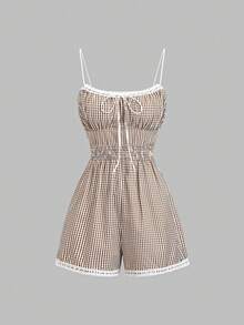 Sweetra Women's New Vintage Cute Plaid Strap Shorts, Suitable For Vacation, Daily Outing, Lace Trim Decoration, Romantic And Sweet Lady Jumpsuit, Picnic - Brown - View 3