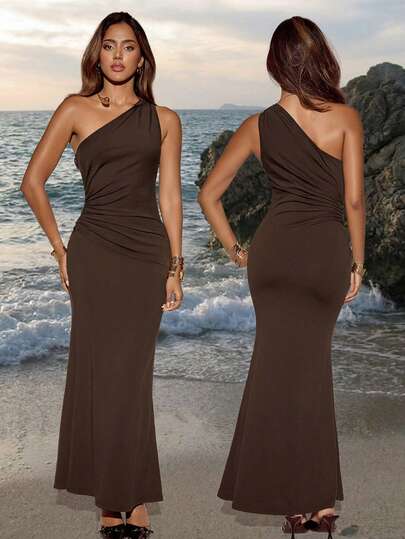 SHEIN ICON Summer Women's Brown Party  Beach  Elegant Wedding Elegant Formal Solid Color One-Shoulder Fishtail Dress, Summer