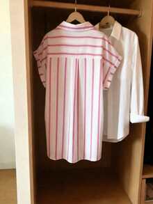 Plus Size Women Striped Short Sleeve Single-Breasted Casual Shirt - Multicolor - View 2