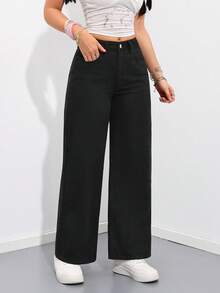 SHEIN PETITE بنطلون جينز كاجوال بقصة واسعة وجيوب وأرجل واسعة للنساء الصغيرات - الأسود - مشاهدة 4