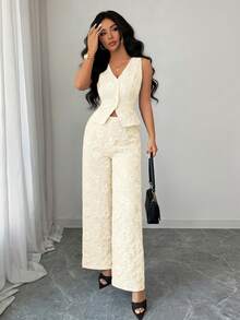 Conjunto de 2 piezas de chaleco y pantalones azules de estilo elegante y casual para uso diario y de oficina, con estampado de margaritas africanas y relieve de jacquard para mujer - Albaricoque - Ver 5