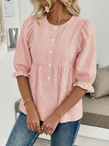 SHEIN LUNE Áo sơ mi nữ kẻ sọc xanh trắng với thiết kế tinh tế, cổ áo lửng, cài một hàng khuy, tay áo và vạt áo rộng, thanh lịch và đa năng, thích hợp cho các buổi hẹn hò, kỳ nghỉ, trang phục thường ngày, du lịch, mùa xuân và mùa hè. - Màu Hồng baby - Xem 3
