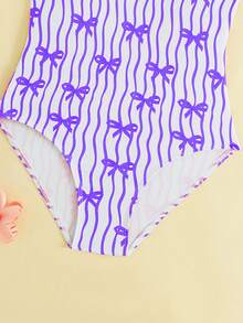 SHEIN Tween Girl One-Piece Swimsuit, Modest Vacation Style, Purple Striped Bow Knit Fabric, Sleeveless Wide Strap Romper, Fashionable Casual Elegant Lady, Suitable For Swimming, Summer Vacation, Beach, Pool, Holiday Party One Piece Swimsuit For Kid Swimming Suits For Girls Bright Color Swimsuit Striped Swimsuit Purple Bow Print Swimwear - Mauve Purple - View 4