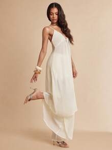 Silquee Women's Cream Ivory White Long-Strapped Tank Top,Sheer Slit Design Flowing Chiffon Hem,Summer Casual Vacation Holiday Beach Party Sophisticated - Apricot - View 6