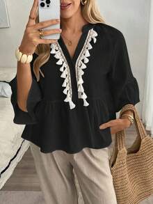 Louniche Blusa de lino de unicolor con cuello en V y cordón con flecos para mujer, ideal para vacaciones - Negro - Ver 4