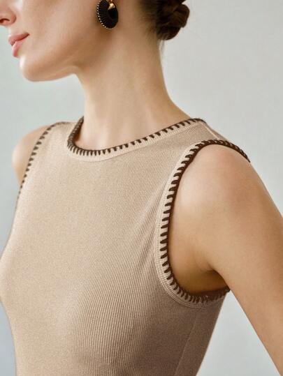 MOTF PREMIUM WOMEN'S SUMMER WHITE CONTRAST RIB KNIT SLEEVELESS ELEGANT VERSATILE TANK TOP