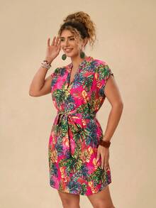 Travachic Plus Size Batwing Sleeve Tie Waist Shirt Dress - Multicolor - View 5