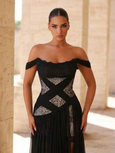 Glamrae Elegant, Glamorous, Luxurious, And Fashionable. Black Lace-Trimmed Mesh Dress With Eyelash Lace Details. Off-The-Shoulder Design With Irregular Drapes And A Sexy A-Line Silhouette With A Small Train. Suitable For All Occasions: Vacations, Weddings, And Elaborate Evening Gowns.