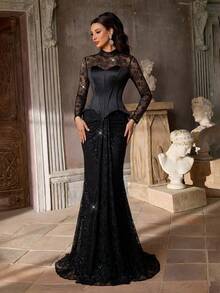 Glamrae Elegant Beaded Sequin Elastic Lace Embroidered Ruched Satin Sheer Sleeve Mermaid Dress,Luxurious Formal Gown For Weddings,Parties&Mother Of The Bride - Black - View 4