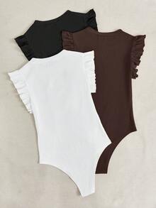 SHEIN LUNE Women's Solid Color Round Neck Ruffle Sleeve Ribbed Bodysuit - Multicolor - View 2