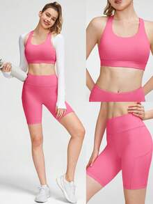 GLOWMODE 2 Pieces FeatherFit™ Sports Bra & 8'' Shorts Set Strappy Back Bra Tank Top With High Waist Side Pockets Biker Shorts Yoga Pilates Running Gym Summer - Blush Crush - View 10